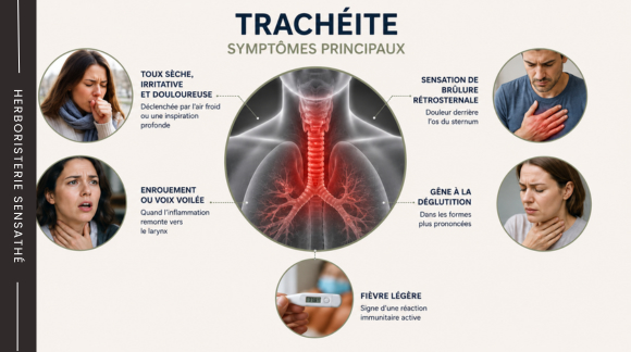 Symptômes de la trachéite, toux sèche irritative, brûlure rétrosternale, enrouement, gêne à la déglutition et légère fièvre - Herboristerie Sensathé Symptômes de la trachéite, toux sèche irritative, brûlure rétrosternale, enrouement, gêne à la déglutition et légère fièvre - Herboristerie Sensathé